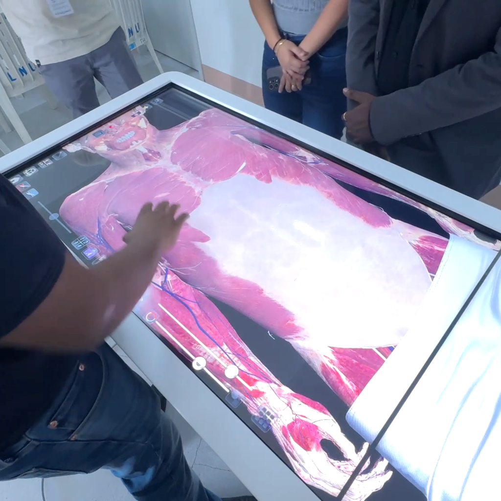 Medical students using a digital anatomy table at Lyceum Northwestern University