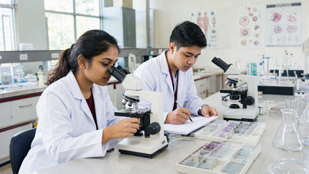 Medical students using microscopes during laboratory training at Lyceum Northwestern University