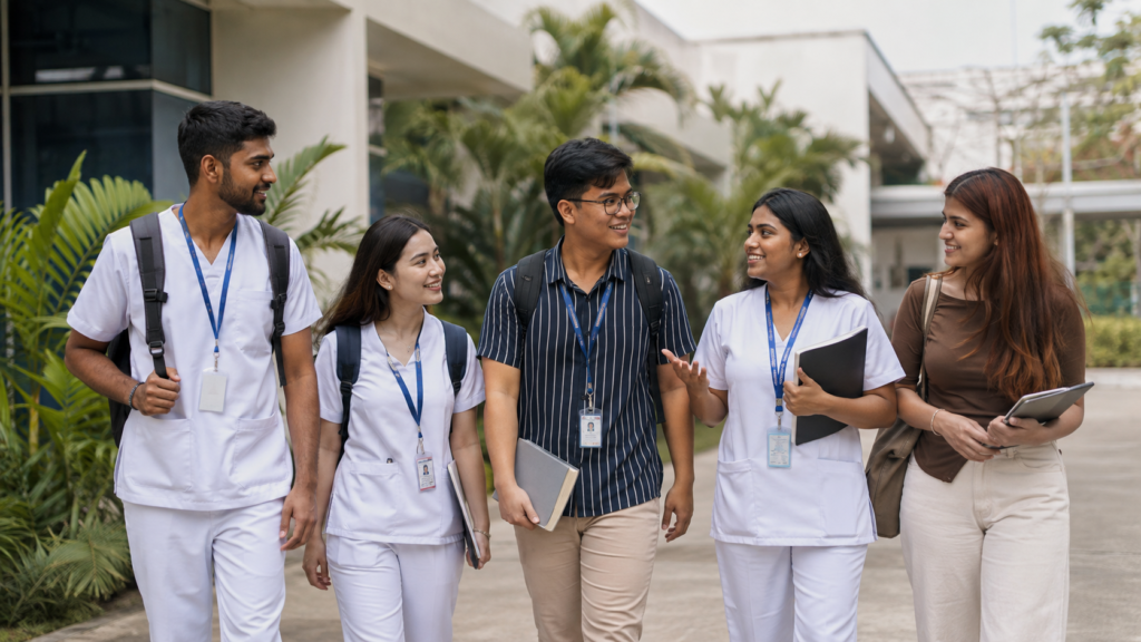 Indian and international medical students walking together on a university campus